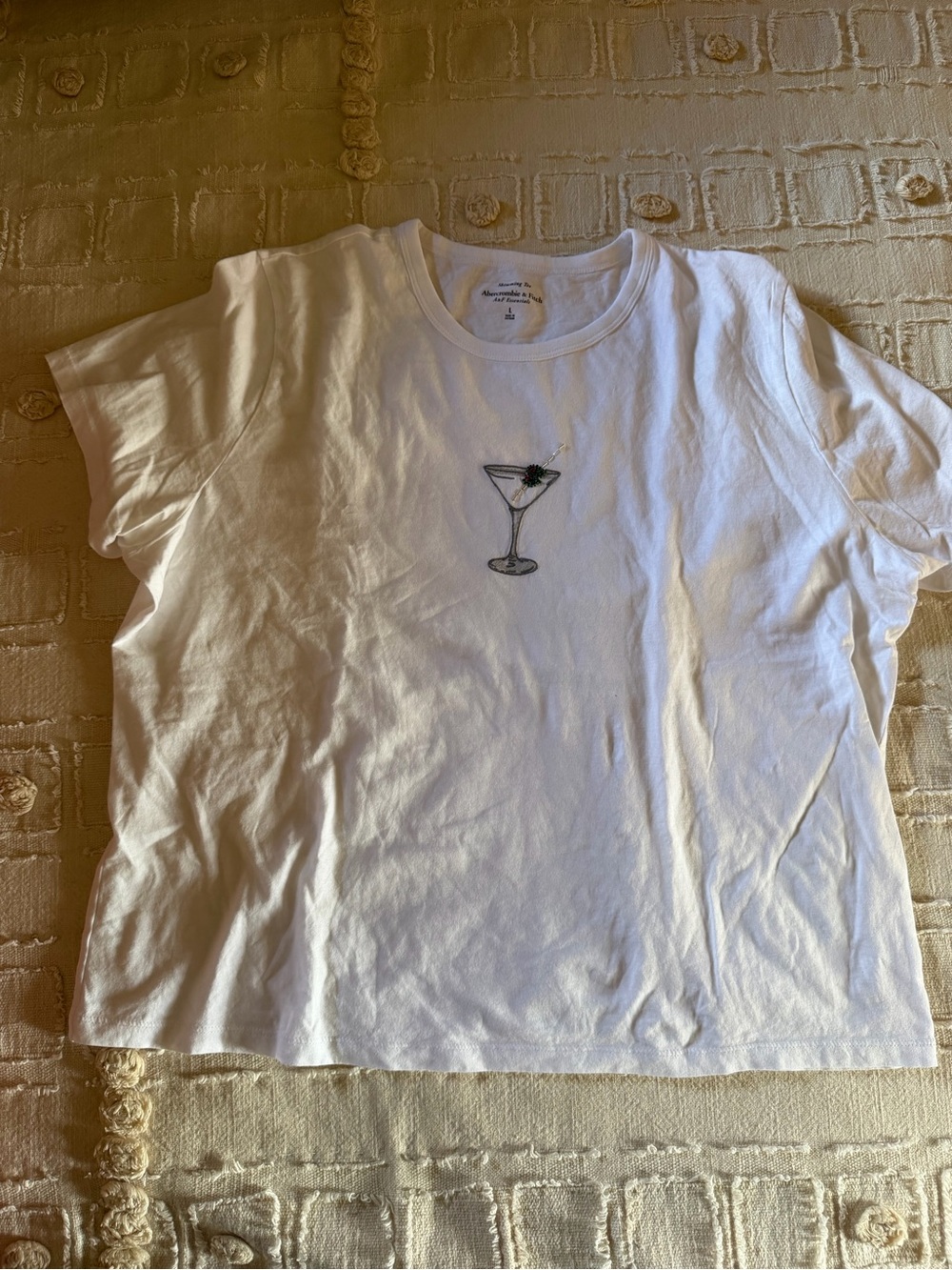 Abercrombie & Fitch White Short Sleeve Tee with Martini Embroidery